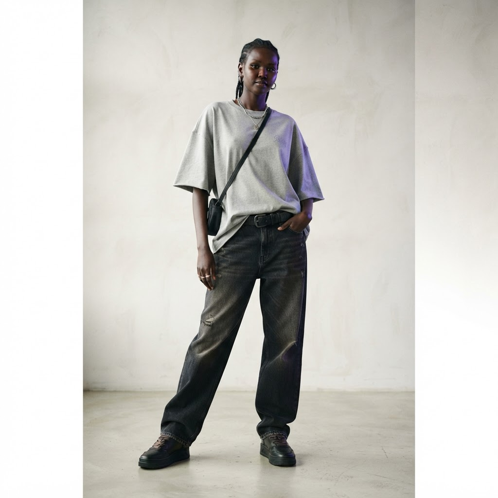 Model wearing Joriverse oversized premium streetwear