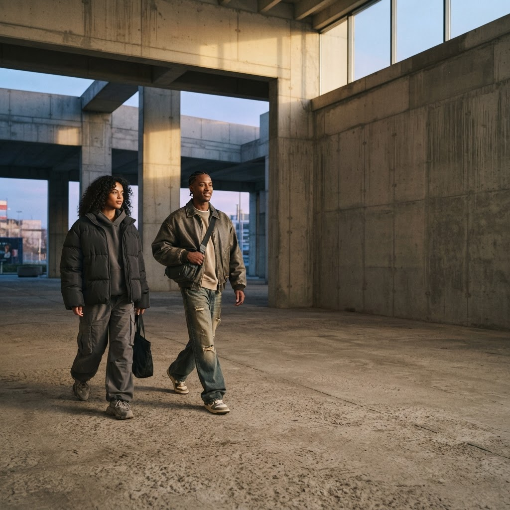 Two models wearing Joriverse streetwear in an urban setting
